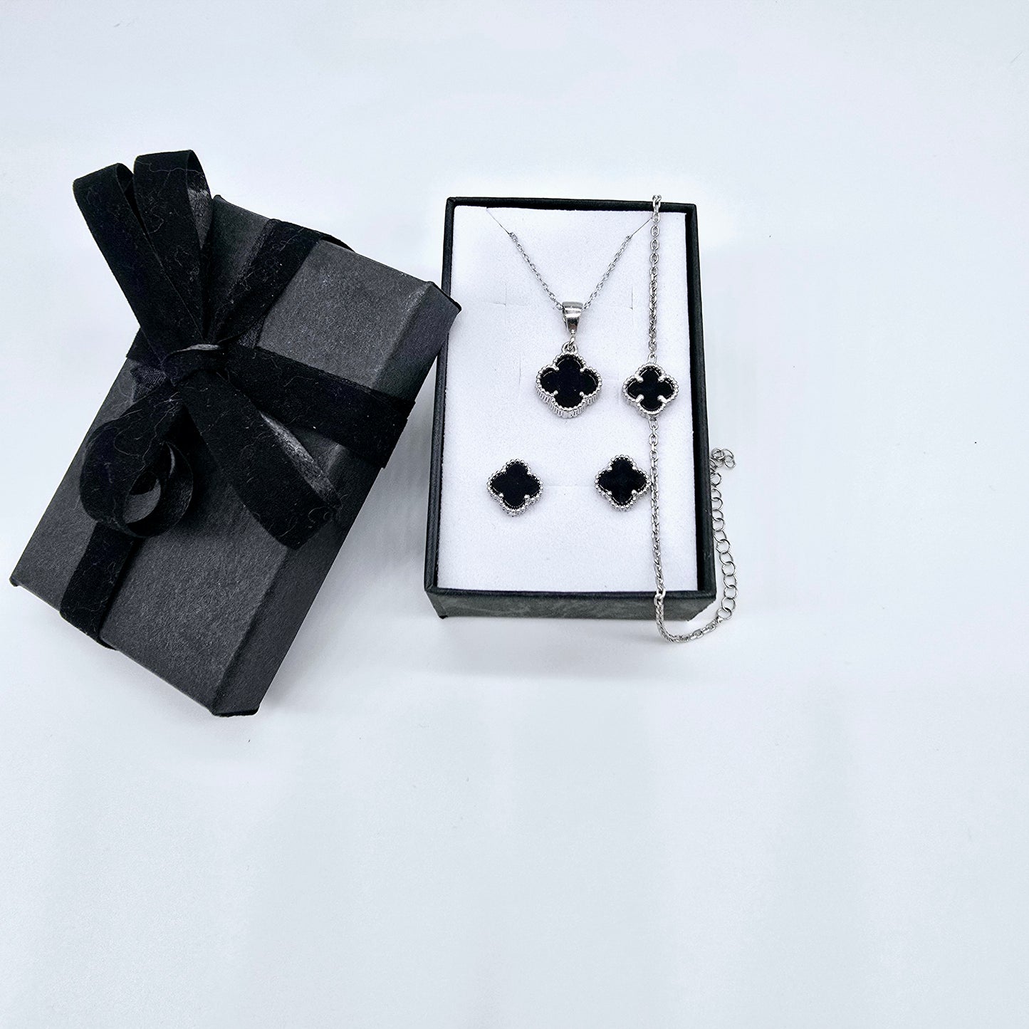 Schmuckset Kleeblatt Schwarz Silber 925