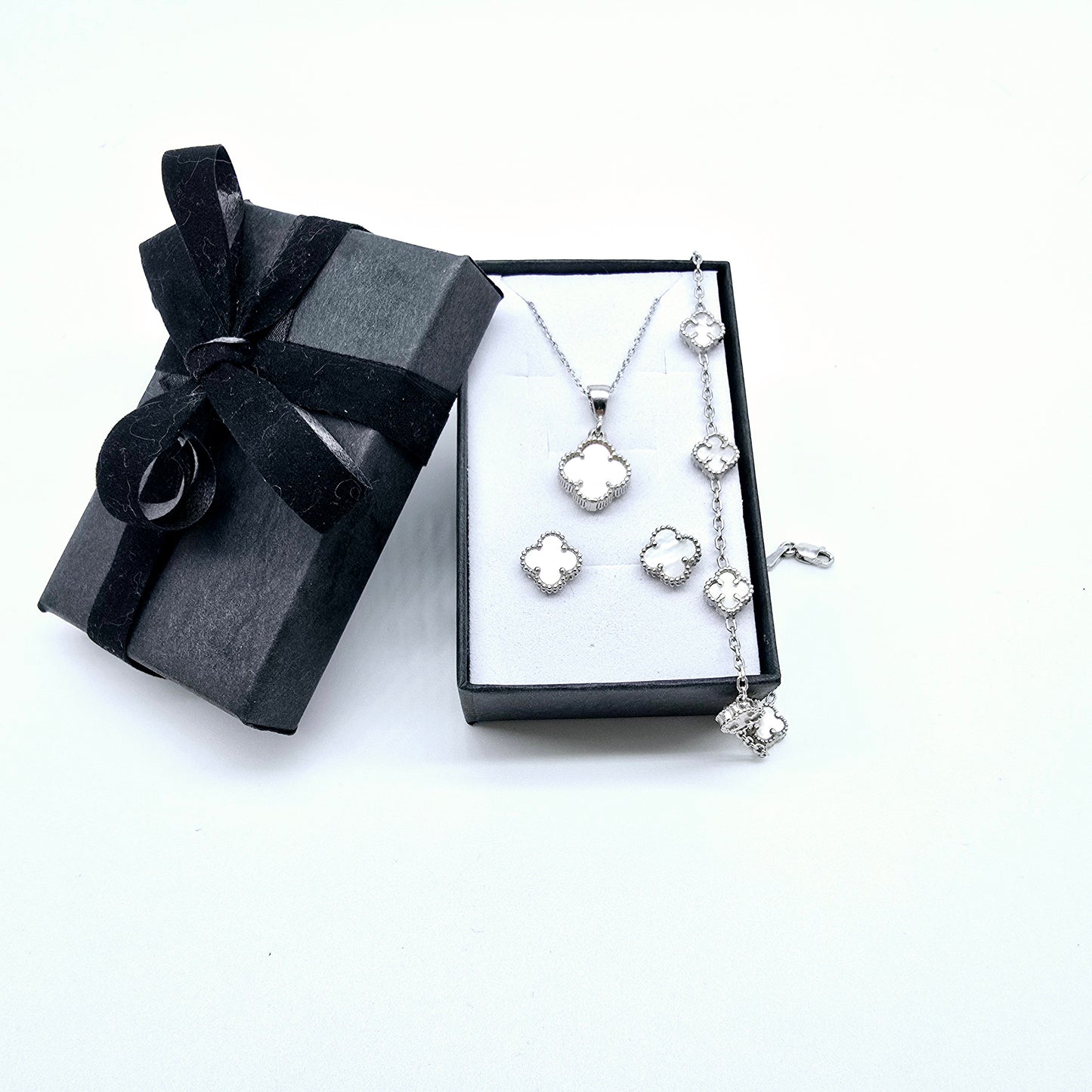 Schmuckset Kleeblatt Weiß Silber 925