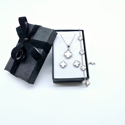 Schmuckset Kleeblatt Weiß Silber 925