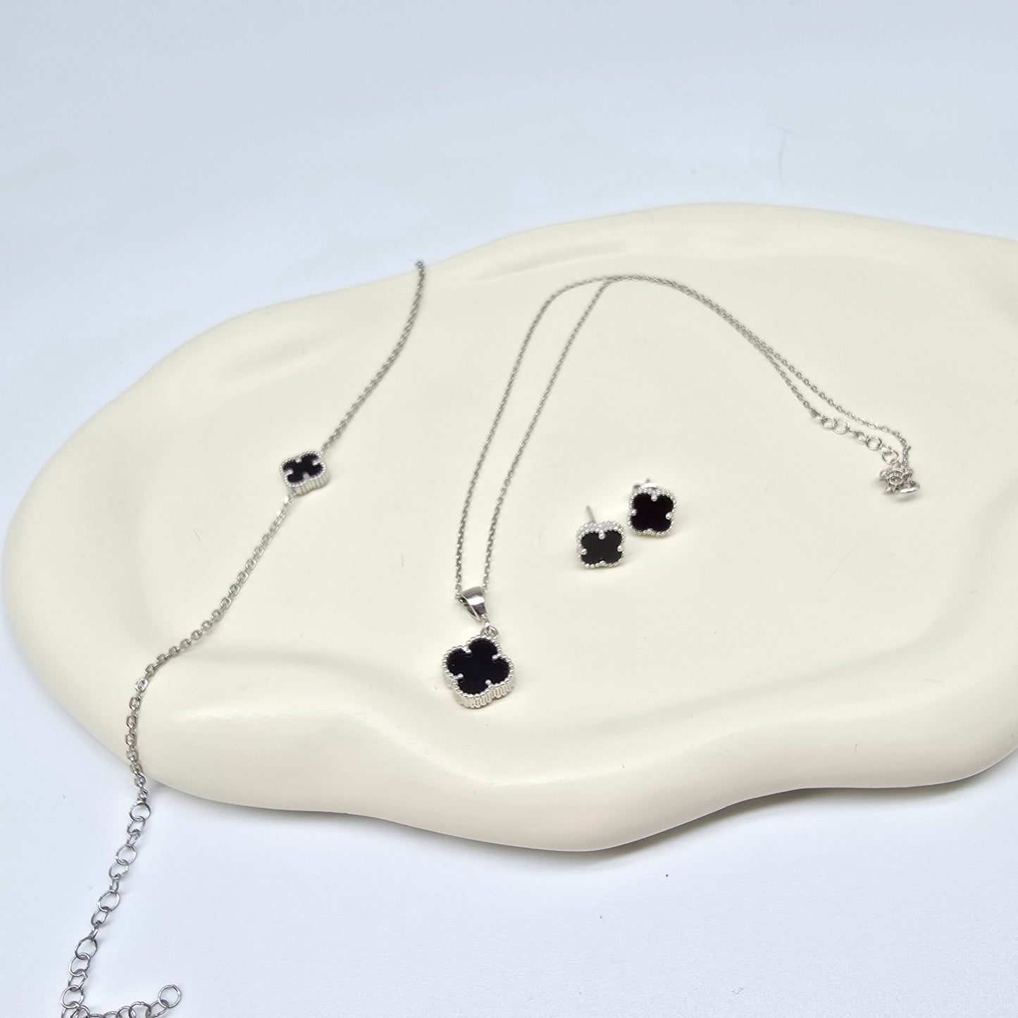 Schmuckset Kleeblatt Schwarz Silber 925