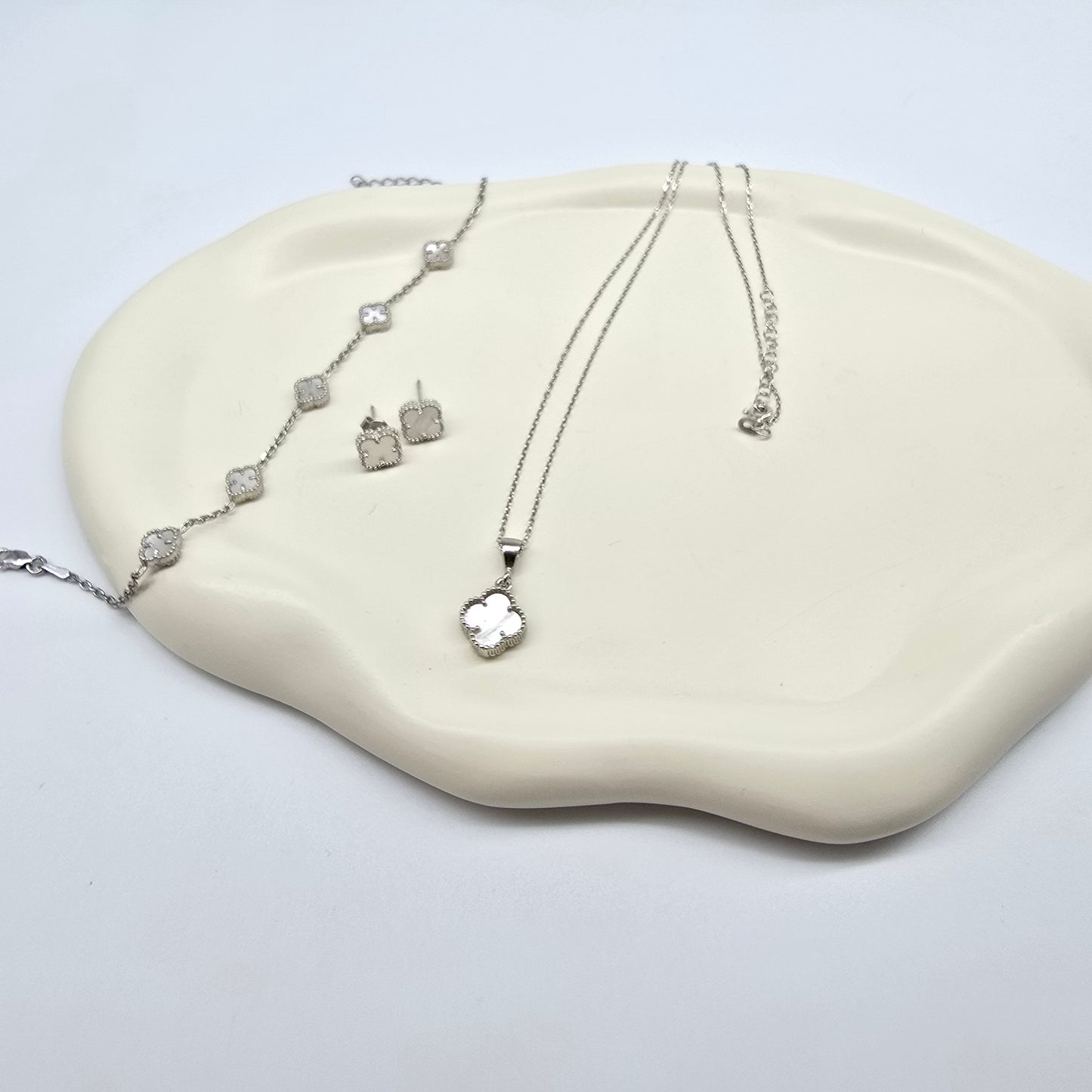 Schmuckset Kleeblatt Weiß Silber 925